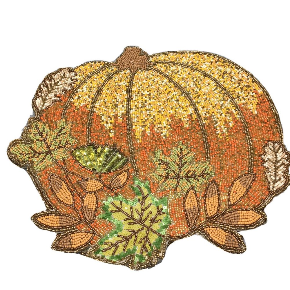 Sigrid Olsen Pumpkin Beaded Sequin Placemat Centerpiece Orange Fall Decor 15"